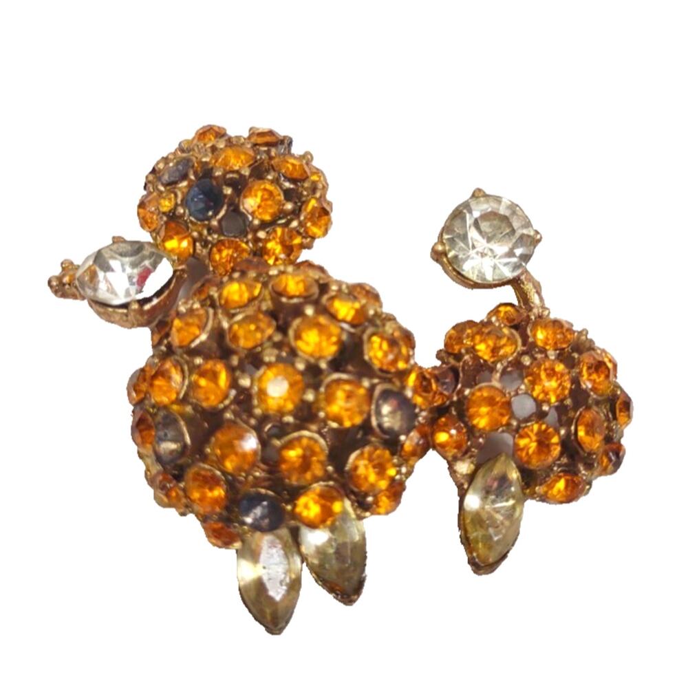 Vintage Amber Gold and Clear Rhinestone Poodle Dog Brooch Pin Accessory Damage